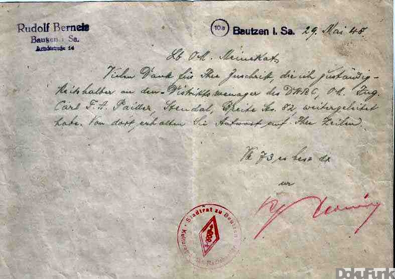 Brief von OM Rudolf Berneis
